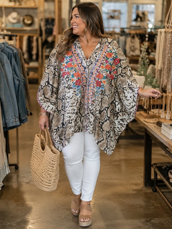 ODDY Tops - Oddy Snakeskin Print Embroidered Oversized Blouse